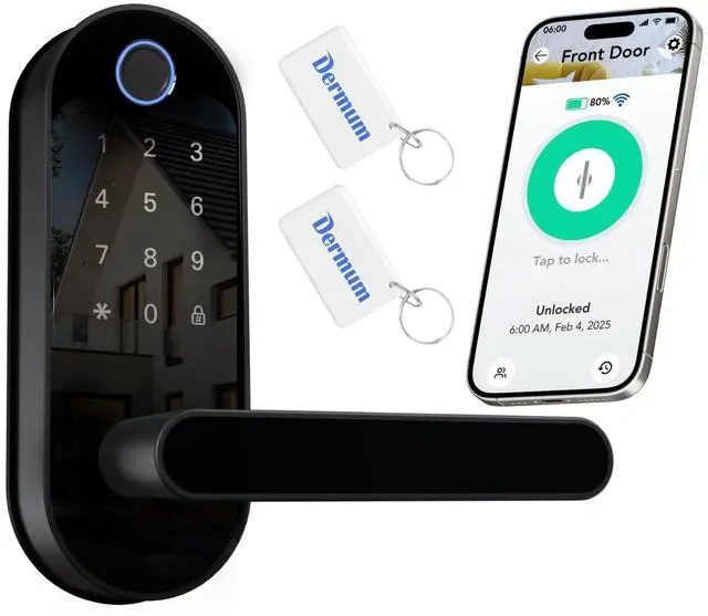 Main image of Keyless Entry Fingerprint Digital Smart Lock with Handle & Keypad: Electronic/Electric Lock with Code, App Control Biometric Deadbolt Door Knob for Front, Interior, Exterior & Bedroom Door (Black)