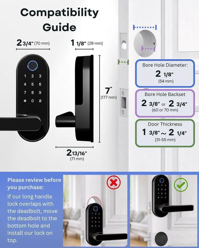 Alt view image 6 of 6 - Keyless Entry Fingerprint Digital Smart Lock with Handle & Keypad: Electronic/Electric Lock with Code, App Control Biometric Deadbolt Door Knob for Front, Interior, Exterior & Bedroom Door (Black)