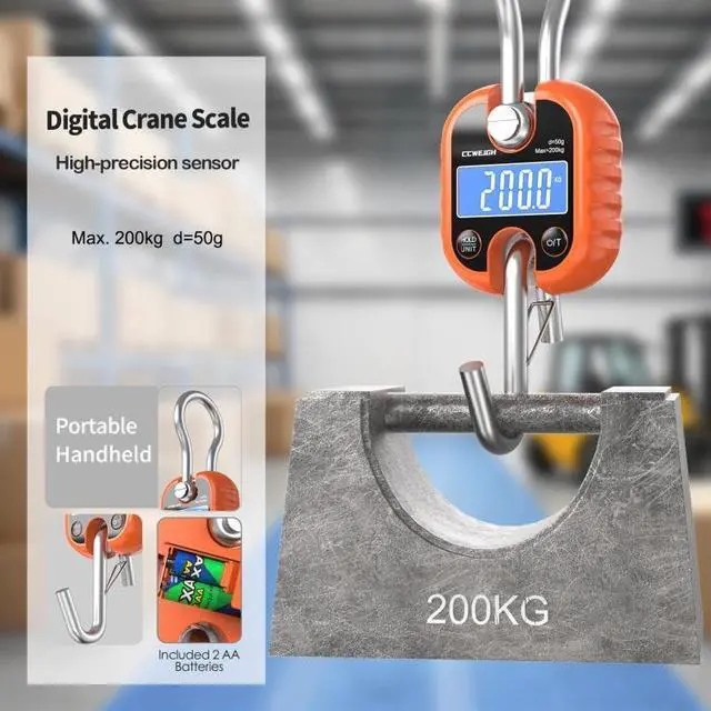 Alt view image 3 of 6 - Hanging Scale Handheld 440lb/200kg Crane Scale Luggage Scale,with ABS Plastic case & Big LCD Display, Portable Digital Mini Crane Scale Fishing Scale,for Gym,Hunting,Travelling