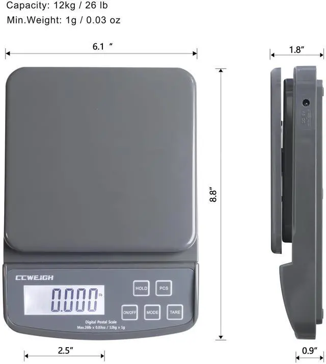 Alt view image 6 of 6 - Postal Scales 6.6lbs 3kg/0.1g High Precision Food Scale for Kitchen with Hold,Tare and PCS,Portable Shipping Scale for Packages, Small Kitchen Business,Jewelry,Batteries Included Grey6.6lbs/0.1g