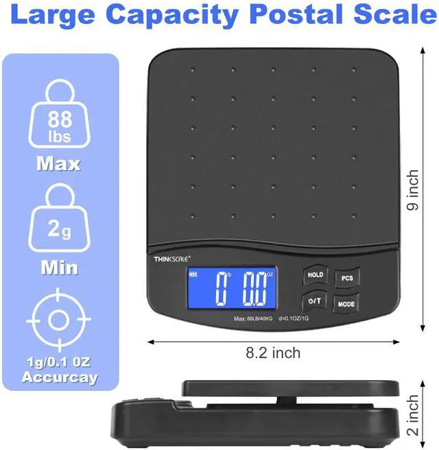 Alt view image 2 of 6 - 88lb Shipping Scale, 0.1oz Precision, Digital Postal Scale with Large LCD, Hold/Tare/Piece Counting, 5 Units, Dual Power (Battery/AC), Black