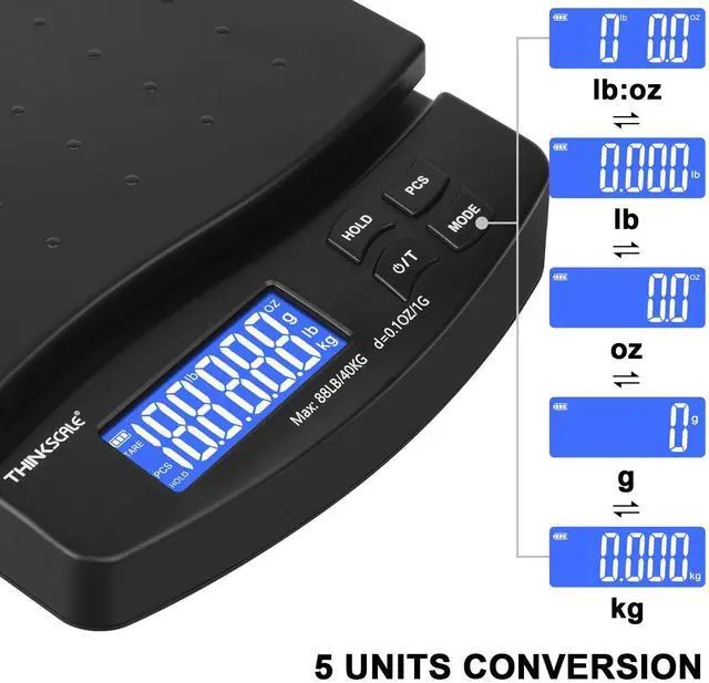 Alt view image 6 of 6 - 88lb Shipping Scale, 0.1oz Precision, Digital Postal Scale with Large LCD, Hold/Tare/Piece Counting, 5 Units, Dual Power (Battery/AC), Black