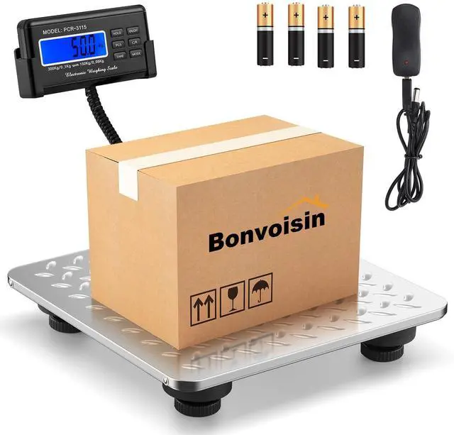 Main image of Postal Scale Digital 300kg/660lb Parcel Shipping Scale with External LCD Display, Stainless Steel Platform, 4 AA Batteries & Mains Adapter Included, kg/oz/lb/lb-oz, Counting