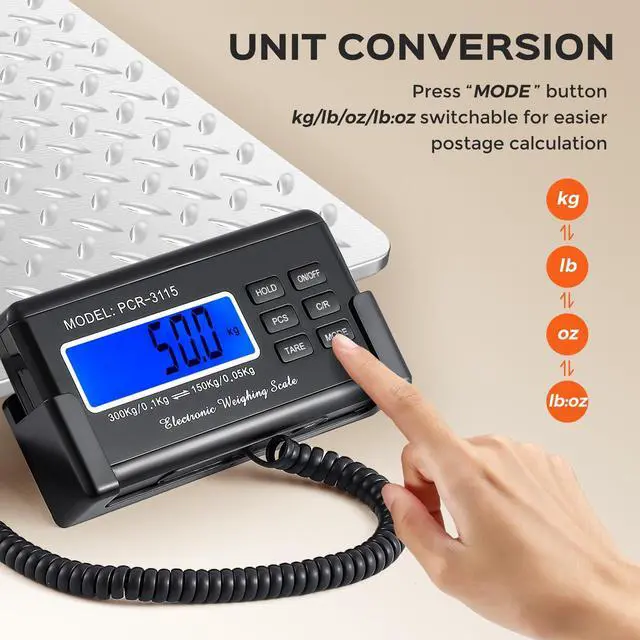 Alt view image 6 of 7 - Postal Scale Digital 300kg/660lb Parcel Shipping Scale with External LCD Display, Stainless Steel Platform, 4 AA Batteries & Mains Adapter Included, kg/oz/lb/lb-oz, Counting