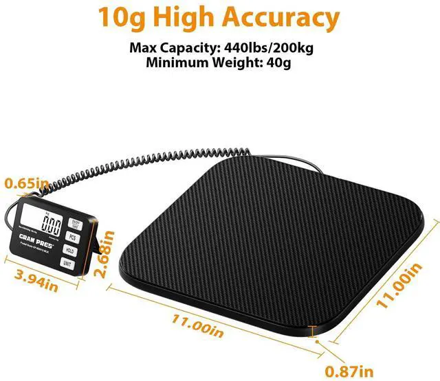 Alt view image 4 of 6 - Shipping Scale 440 lbs/10g Digital Postal Scale with LCD Display, Hold/Tare/Pcs Functions for Packages/Luggage/Post Office/Dog, Battery & USB Cable Included