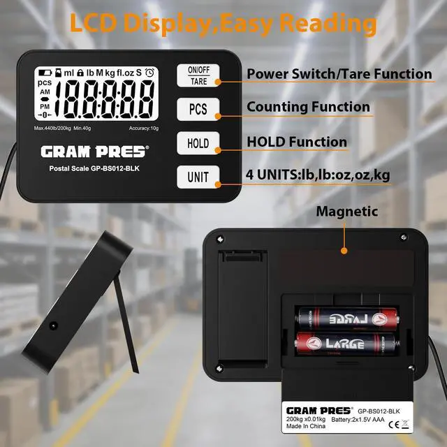 Alt view image 5 of 6 - Shipping Scale 440 lbs/10g Digital Postal Scale with LCD Display, Hold/Tare/Pcs Functions for Packages/Luggage/Post Office/Dog, Battery & USB Cable Included