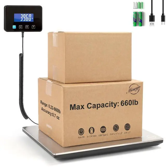 Main image of 660lbs Digital Shipping Scale - 0.7oz High Accurate Stainless Steel Postal Scale for Packages, Luggage, Small Business, Warehouse, Battery & Charging Cable Included