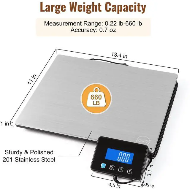 Alt view image 2 of 7 - 660lbs Digital Shipping Scale - 0.7oz High Accurate Stainless Steel Postal Scale for Packages, Luggage, Small Business, Warehouse, Battery & Charging Cable Included