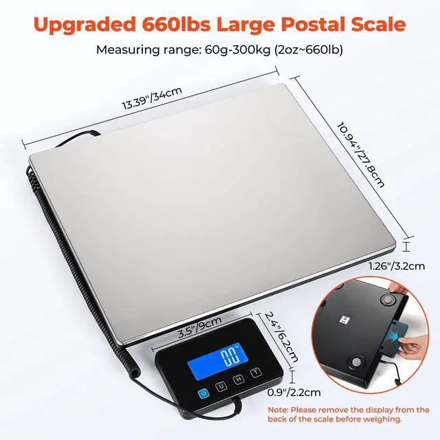 Alt view image 2 of 7 - Shipping Scale, 660lb/1.8oz Digital Postal Scale for Packages with Hold/Tare Function, Backlit LCD, Battery & Cable Included, Postage Scale for Small Business, Packages, Luggage, and Home Use