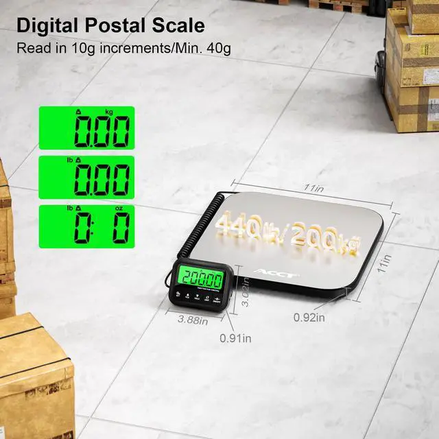 Alt view image 2 of 7 - 440lb Postal Scale - Industrial Shipping Scale with Stainless Steel Platform, Tare/Hold/Counting Function for Luggage, Package, Mail | lb/kg/lb:oz | Heavy Duty Scale with Battery & Charging Cable