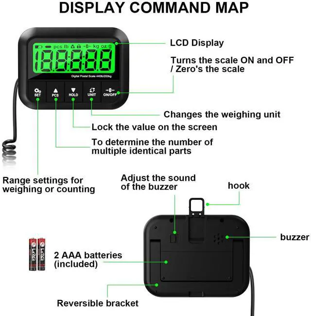 Alt view image 3 of 7 - 440lb Postal Scale - Industrial Shipping Scale with Stainless Steel Platform, Tare/Hold/Counting Function for Luggage, Package, Mail | lb/kg/lb:oz | Heavy Duty Scale with Battery & Charging Cable