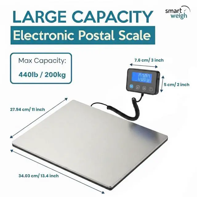 Alt view image 2 of 7 - Digital Postal Shipping Scale, Heavy Duty Wide Platform, 440 lb Capacity, 2 oz Readability, Hold & Tare Function, Includes Batteries & USB-C