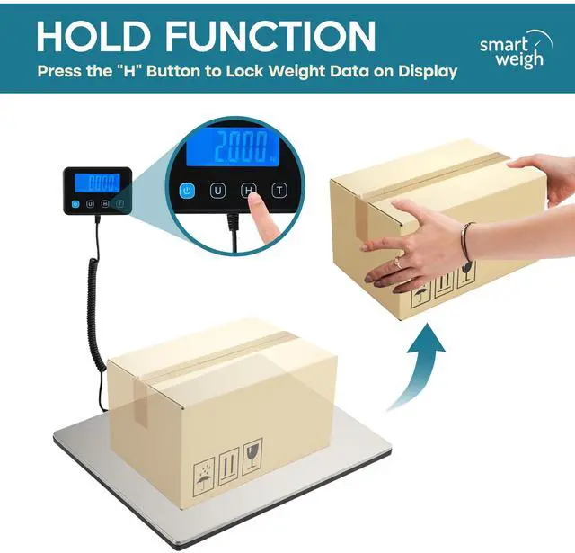 Alt view image 5 of 7 - Digital Postal Shipping Scale, Heavy Duty Wide Platform, 440 lb Capacity, 2 oz Readability, Hold & Tare Function, Includes Batteries & USB-C