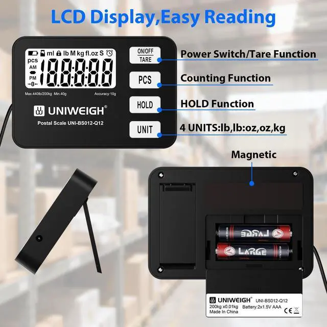 Alt view image 3 of 7 - Shipping Scale 440lb/0.35oz Accuracy,Digital Postal Scale for Packages with PCS/Hold/Tare Function,Postage Scale for Small Business,Luggage,Warehouse,Home Use,Battery & USB-A Include