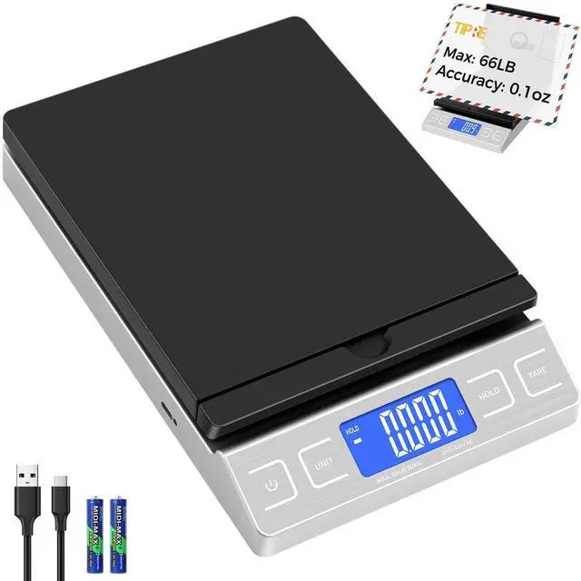 Main image of Shipping Scale,High Accuracy 0.1oz,Digital Postal Scale,Mail Scale Featuring Envelope Flip Holder,Tare/Hold,Type-C/Battery,Shipping Scale for Packages Small Business Post Office,66lb- Silver