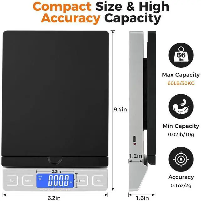 Alt view image 3 of 7 - Shipping Scale,High Accuracy 0.1oz,Digital Postal Scale,Mail Scale Featuring Envelope Flip Holder,Tare/Hold,Type-C/Battery,Shipping Scale for Packages Small Business Post Office,66lb- Silver