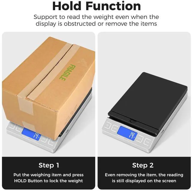 Alt view image 6 of 7 - Shipping Scale,High Accuracy 0.1oz,Digital Postal Scale,Mail Scale Featuring Envelope Flip Holder,Tare/Hold,Type-C/Battery,Shipping Scale for Packages Small Business Post Office,66lb- Silver