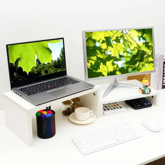 Main image of Adjustable White Monitor Stand Riser - 2 Pack, Wood 2 Tier Adjustable Stand for 2 Monitors/Laptop/PC