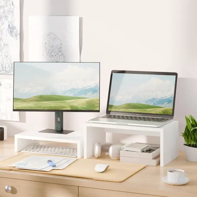 Alt view image 2 of 7 - Adjustable White Monitor Stand Riser - 2 Pack, Wood 2 Tier Adjustable Stand for 2 Monitors/Laptop/PC