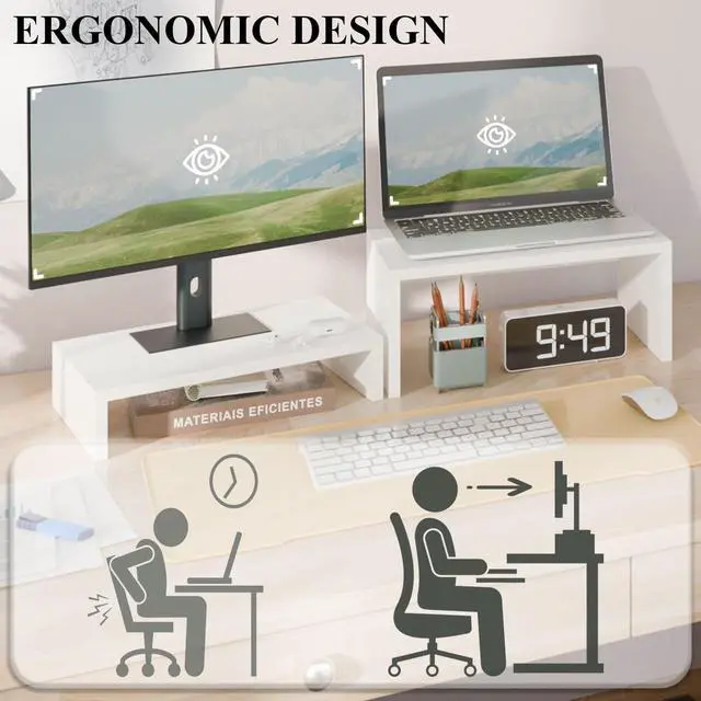 Alt view image 6 of 7 - Adjustable White Monitor Stand Riser - 2 Pack, Wood 2 Tier Adjustable Stand for 2 Monitors/Laptop/PC