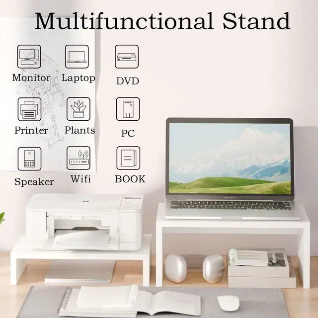 Alt view image 5 of 7 - Adjustable White Monitor Stand Riser - 2 Pack, Wood 2 Tier Adjustable Stand for 2 Monitors/Laptop/PC