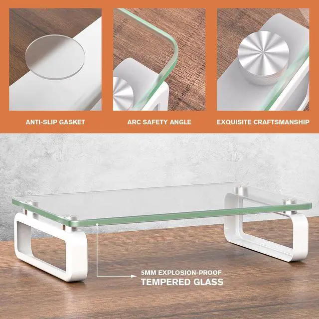 Alt view image 3 of 7 - Clear Computer Monitor Stand Riser Multi Media Desktop Stand for Flat Screen LCD LED TV, Laptop/Notebook, with Tempered Glass and Metal Legs, HD02T-001