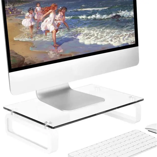 Main image of Clear Computer Monitor Stand Riser Multi Media Desktop Stand for Flat Screen LCD LED TV, Laptop/Notebook, with Tempered Glass and Metal Legs, HD02T-001