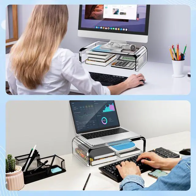 Alt view image 5 of 7 - Acrylic Monitor Stand Clear Monitor Riser & Computer Desk Stand, Premium Acrylic Laptop Stand for Home Office, PC TV Stand with Keyboard Storage Heavy Duty Desk Riser