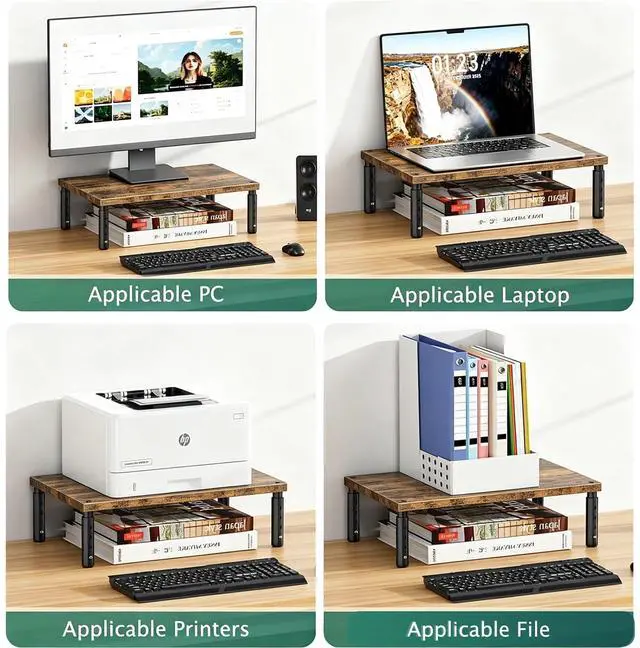 Alt view image 4 of 7 - Adjustable Monitor Stand Riser for Desk, Computer & Laptop Stand, Desk Organizers and Accessories, Office Desk Accessories & Workspace Organizer for Home Office, Brown Wood 2-Pack