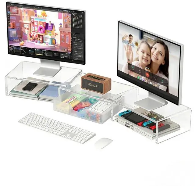 Main image of Clear Acrylic Desk Organizers and Accessories, Dual Monitor Stand Riser with Drawer, Desk Shelf Computer Racks for Office Workspace Organizers, Desktop Organization (Transparent)