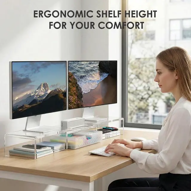 Alt view image 2 of 6 - Clear Acrylic Desk Organizers and Accessories, Dual Monitor Stand Riser with Drawer, Desk Shelf Computer Racks for Office Workspace Organizers, Desktop Organization (Transparent)