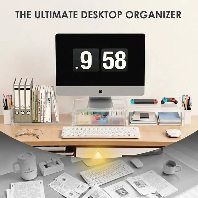 Alt view image 3 of 6 - Clear Acrylic Desk Organizers and Accessories, Dual Monitor Stand Riser with Drawer, Desk Shelf Computer Racks for Office Workspace Organizers, Desktop Organization (Transparent)