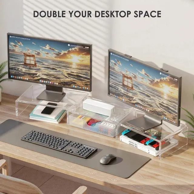 Alt view image 4 of 6 - Clear Acrylic Desk Organizers and Accessories, Dual Monitor Stand Riser with Drawer, Desk Shelf Computer Racks for Office Workspace Organizers, Desktop Organization (Transparent)
