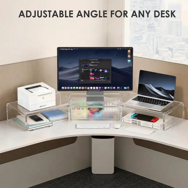 Alt view image 5 of 6 - Clear Acrylic Desk Organizers and Accessories, Dual Monitor Stand Riser with Drawer, Desk Shelf Computer Racks for Office Workspace Organizers, Desktop Organization (Transparent)
