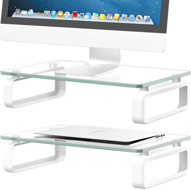 Main image of 2 Pack Computer Monitor Stand Riser Multi Media Desktop Stand for Flat Screen LCD LED TV, Laptop/Notebook, with Tempered Glass and Metal Legs,HD02T-201
