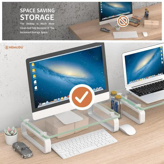 Alt view image 4 of 7 - 2 Pack Computer Monitor Stand Riser Multi Media Desktop Stand for Flat Screen LCD LED TV, Laptop/Notebook, with Tempered Glass and Metal Legs,HD02T-201