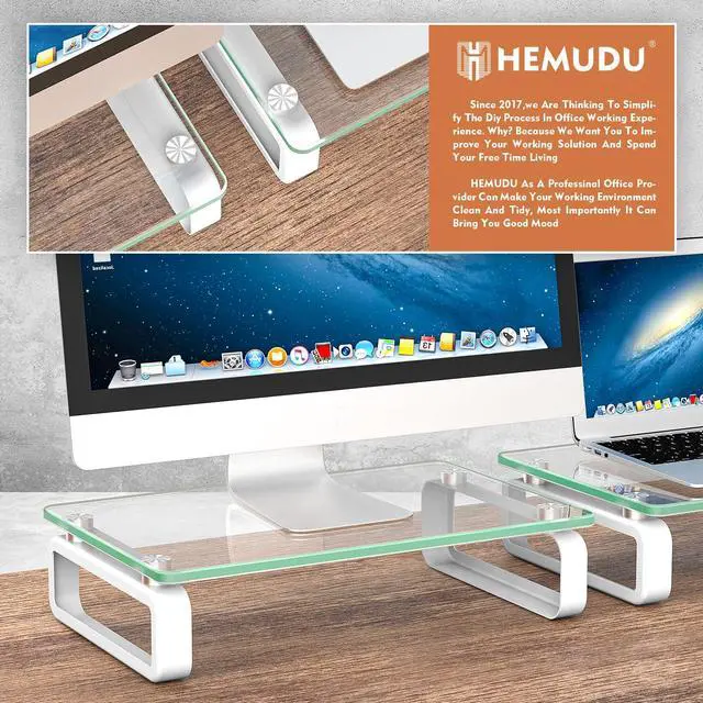 Alt view image 2 of 7 - 2 Pack Computer Monitor Stand Riser Multi Media Desktop Stand for Flat Screen LCD LED TV, Laptop/Notebook, with Tempered Glass and Metal Legs,HD02T-201