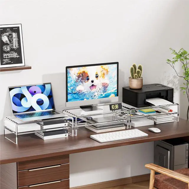 Alt view image 6 of 6 - Acrylic Monitor Stand Riser, 2 Tier Clear Computer Monitor Stand for Home Office Business, PC Desk Stand Monitor Riser for Keyboard Storage, Laptop, Printer and TV Screen -12x7.2x5.12 inches