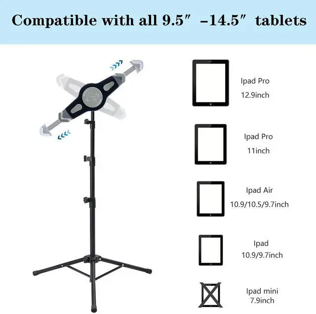 Alt view image 3 of 7 - Ipad Tripod Stand, Height Adjustable iPad Stand Floor, Tablet Holder Stand with 360 Degree Rotating Tablet Mount for ipad Pro12.9, iPad Air and Other Device Within 9.5-14.5 Inch