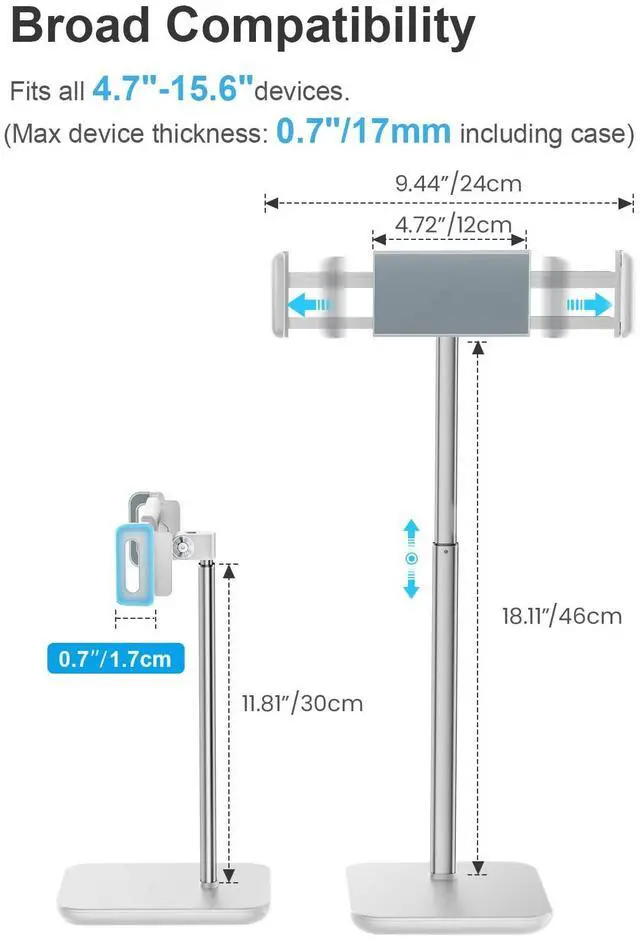 Alt view image 3 of 7 - Height Adjustable Tablet Stand, 3.5lb (1.6kg) Max Support, Up to 18" Tall, Slim Portable Monitors Stand Compatible with iPad Pro 12.9, Surface Pro, All 4.7"-15.6" Devices-White