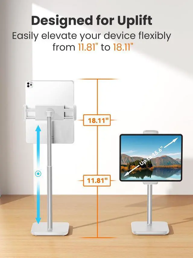 Alt view image 4 of 7 - Height Adjustable Tablet Stand, 3.5lb (1.6kg) Max Support, Up to 18" Tall, Slim Portable Monitors Stand Compatible with iPad Pro 12.9, Surface Pro, All 4.7"-15.6" Devices-White