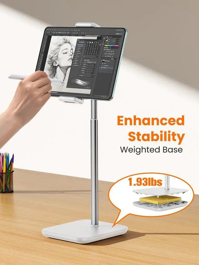 Alt view image 5 of 7 - Height Adjustable Tablet Stand, 3.5lb (1.6kg) Max Support, Up to 18" Tall, Slim Portable Monitors Stand Compatible with iPad Pro 12.9, Surface Pro, All 4.7"-15.6" Devices-White