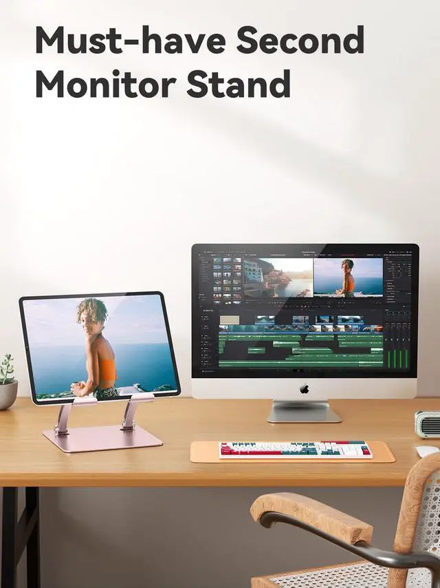 Alt view image 4 of 6 - Tablet Holder Stand, Dual Rod Adjustable Aluminum Desktop Stand, Compatible with 4.7-16.9" iPads, Surface Tablets, Portable Monitor, Kindle and More (Rose Gold)