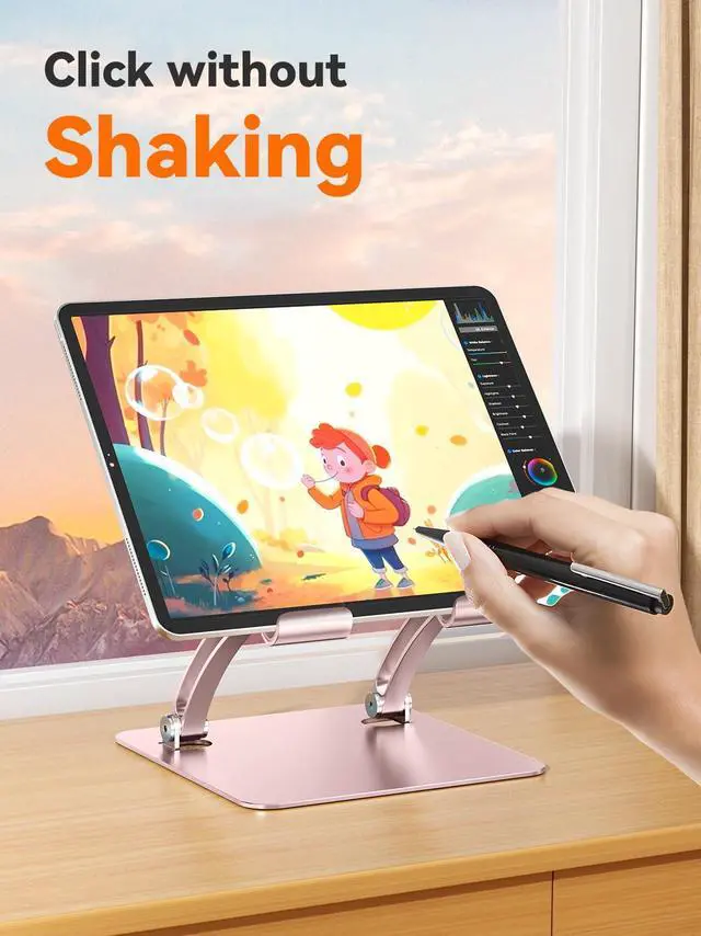 Alt view image 3 of 6 - Tablet Holder Stand, Dual Rod Adjustable Aluminum Desktop Stand, Compatible with 4.7-16.9" iPads, Surface Tablets, Portable Monitor, Kindle and More (Rose Gold)