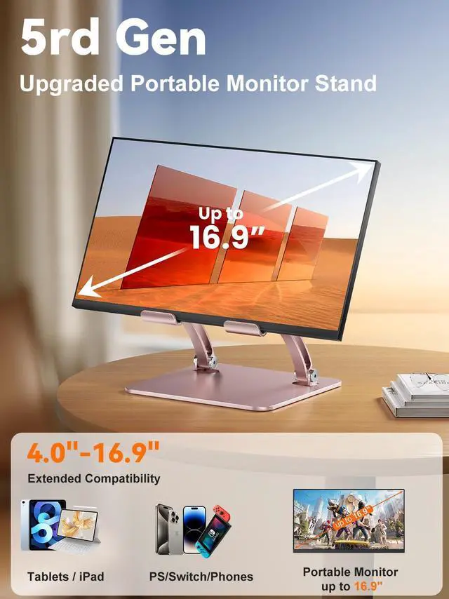 Alt view image 2 of 6 - Tablet Holder Stand, Dual Rod Adjustable Aluminum Desktop Stand, Compatible with 4.7-16.9" iPads, Surface Tablets, Portable Monitor, Kindle and More (Rose Gold)