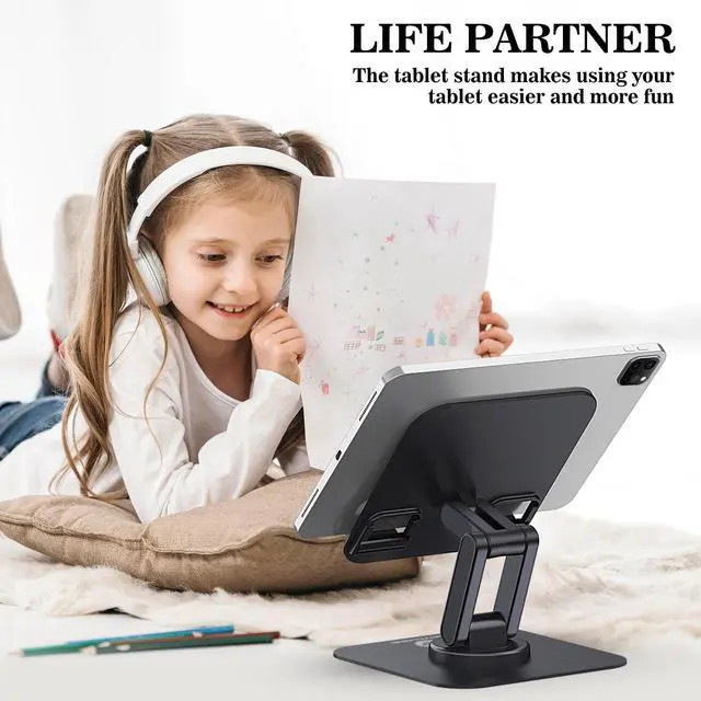 Alt view image 2 of 7 - iPad Stand, 360° Rotating Adjustable Foldable iPad Tablet Holder for Desk Compatible with Kindle Tablet iPad 4" - 15.6" Portable Monitor Stand, Black