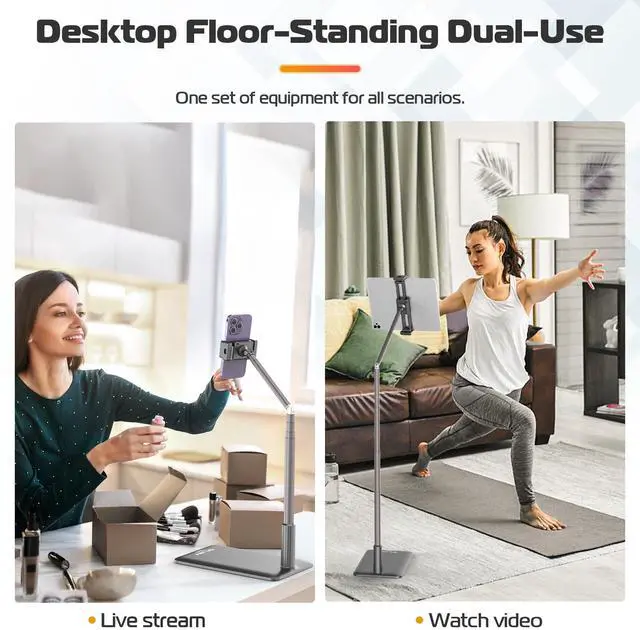 Alt view image 2 of 7 - Tablet Floor Stand Holder, Phone Stand for Recording, Adjustable Cell Phone & Tablet Holder for Floor, Compatible with iPad Pro Air Mini, Galaxy Tab, iPhone & 4.6-12.9 Inch Devices