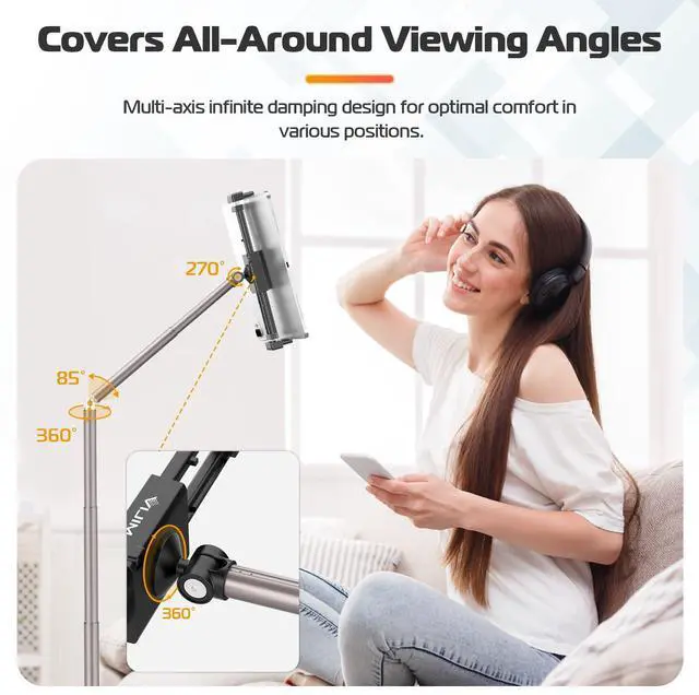 Alt view image 4 of 7 - Tablet Floor Stand Holder, Phone Stand for Recording, Adjustable Cell Phone & Tablet Holder for Floor, Compatible with iPad Pro Air Mini, Galaxy Tab, iPhone & 4.6-12.9 Inch Devices