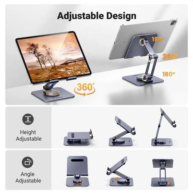 Alt view image 2 of 7 - Tablet Stand for Desk Swivel with 360° Rotating Base Tablet Holder Aluminum Portable Stand Adjustable Home Office Accessories Compatible with iPad Pro 11 Air Mini 6 5 Grey