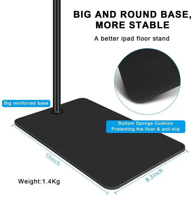 Alt view image 7 of 7 - Tablet Floor Stand with Double Weight Base 360-degree Rotatable Metal Tablet Holder with Flexible Gooseneck Holder Long Arm for iPad Mini Air Pro, All Cell Phones iPhone & Tablets (4.5-12.9-inch)